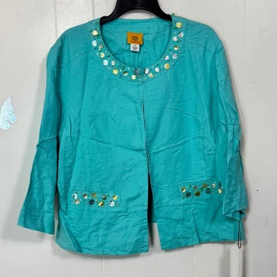 Ruby Rd. Embellished Linen Blend Jacket Size 18 Aqua Turquoise Blue Womens New - Image 1 of 4