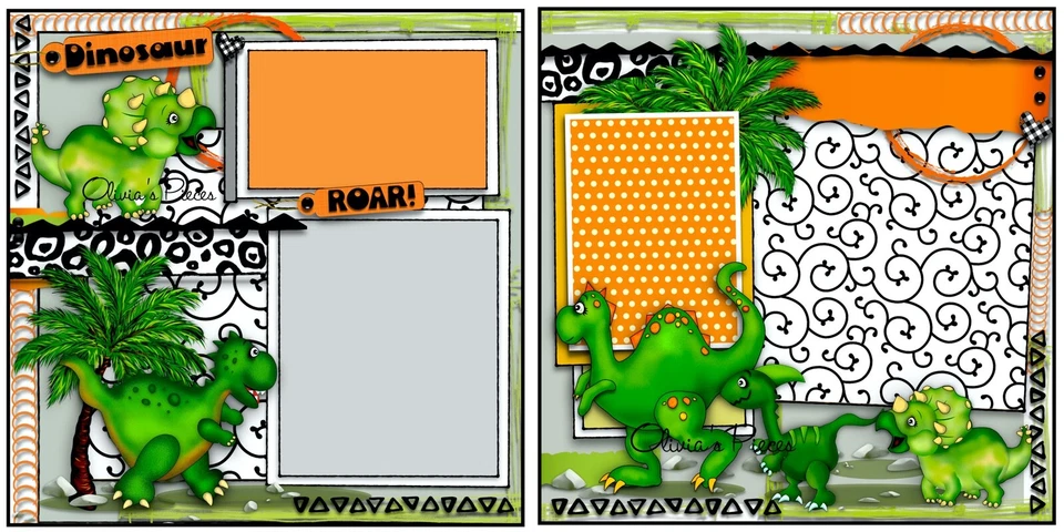 ¡Los dinosaurios rugen! Páginas de álbum de recortes prefabricadas impresas de 12 pulgadas x 12 pulgadas - piezas de Olivia Foto 1 de 1