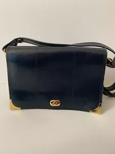 VTG 70s navy leather shoulder cartridge bag VGC satchel classic - Picture 1 of 10