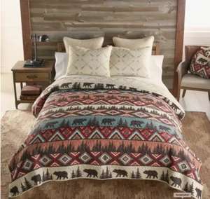 Country Bear Lodge Theme Reversible Printed Quilt Set Rustic Cabin Primitive - Picture 1 of 4