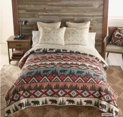 Country Bear Lodge Theme Reversible Printed Quilt Set Rustic Cabin Primitive - Image 1 of 4