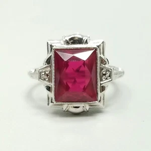 Vintage 10k White Gold Ruby Ring Size 6 Band Art Deco Tiny Diamonds Lab Created - Picture 1 of 15
