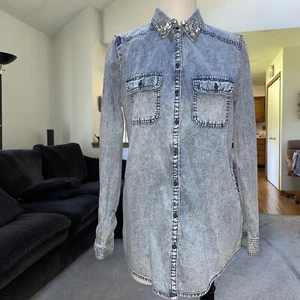 BP Denim Tunic Long Sleeve Jeweled Trim Collar Shirt Size Small New With Tags - Picture 1 of 12