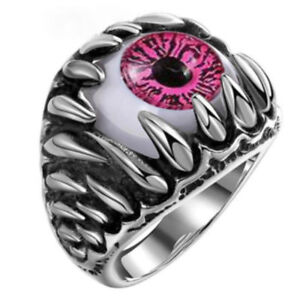 Punk Men Women Silver Stainless Steel Red Blue Evil Eye Ring Band Finger Jewelry