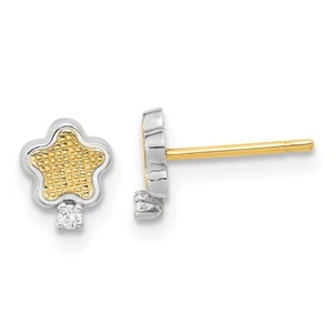 5.5mm 14K Yellow Gold White Rhodium Textured Gold CZ Star Post Earrings - Picture 1 of 4