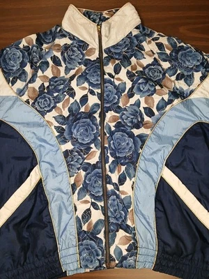 Active Frontier Windbreaker Floral Blue Geometric Vintage 80s Jacket Size Large - Image 1 of 4