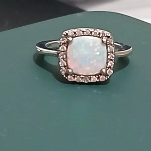 Sterling Silver 925 Square White Lab Opal & CZ Ring October Birthstone Size 3 - Picture 1 of 15