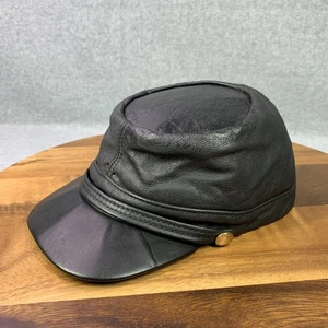 VTG Henschel Hat Cap Fitted Mens LG Black Leather Greek Fisherman Made USA Biker - Picture 1 of 17