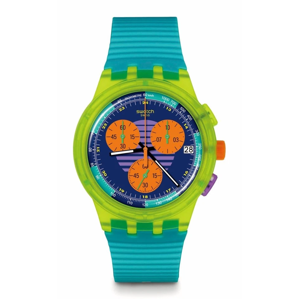 SWATCH NEON WAVE SUSJ404 Wristwatch Oversize Retro Watch Blue Yellow FromJP