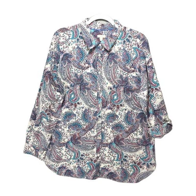 Blusa Talbots Paisley Feminina XL Botão Manga Longa Algodão Leve Aba Rolo - Imagem 1 de 4