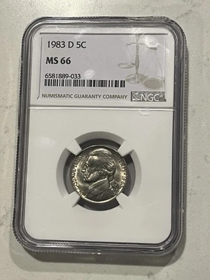 🔥 1983 D Jefferson Nickel 5C NGC MS66 🔥 NGC CASE CRACKED - Image 1 of 4
