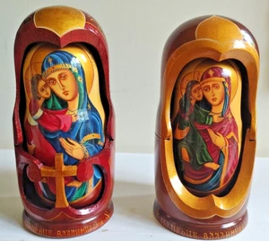 BAMBOLA NIDO RUSSA VINTAGE 2 UOVO dipinta a mano foglia oro ICONA MADONNA GESÙ - Foto 1 di 14