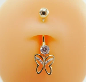 14K Micro Yellow Gold Plated Dangling Butterfly Body Belly Button Ring Piercing - Picture 1 of 9