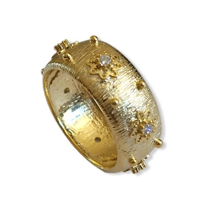 Italienischer gebürsteter Ring 925 Silber 18K vergoldet ziseliert Blüten Design - Bild 1 von 4