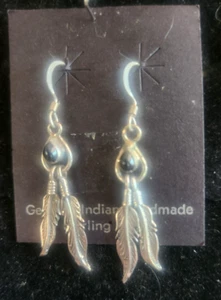 Vintage Navajo Sterling Silver Black Onyx Fishhook Earring w/ 2 dangle feather - Picture 1 of 3