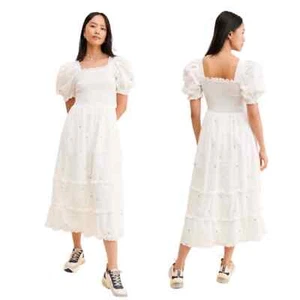 Neu Sister Jane Coastland Petal Midikleid Puffärmel Stufen Rüschen S weiß - Bild 1 von 13