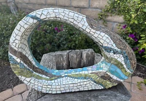 Large Handmade Abstract Concrete Sculpture Mosaic-Glass, Natural Stone, Tabletop - Picture 1 of 10
