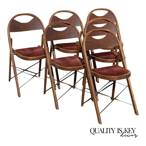 Vintage Art Deco Wooden Theatre Folding Chairs by General Sales Co Set of 6 (B) Cover