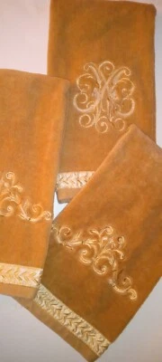 Kassa Fina Lt. Brown w Embroidered Gold Accents Hand Towel 100% Cotton 18"x 29" - Image 1 of 4