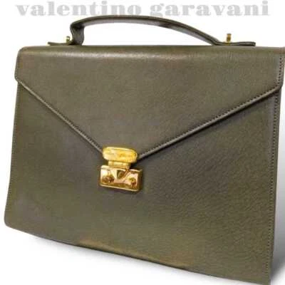 VALENTINO Business Bag Briefcase Logo Leather Khaki Gray men's USED FROM JPN - Image 1 of 4