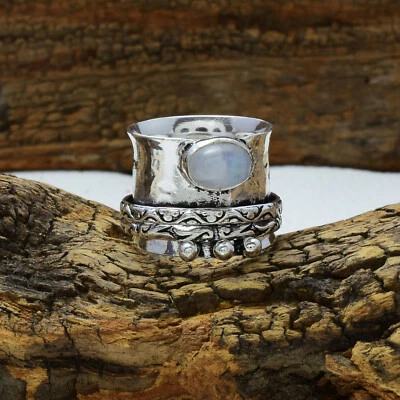 Anillo giratorio hecho a mano con piedras preciosas de luna arco iris de plata de ley 925 todos los tamaños Foto 1 de 3