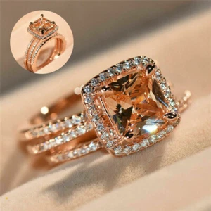 Rings Wedding 3Pcs/Set Champagne Luxury Gems Jewelry Women 18K Rose Gold Filled - Picture 1 of 9