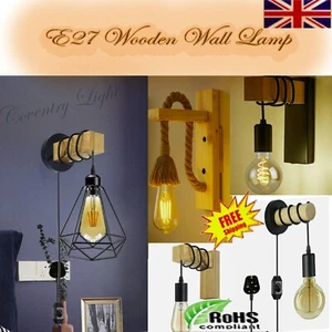 Wall Lamp Metal Shade Indoor Dimmable Wall Light Wooden Metal Shade E27 Base - Picture 1 of 41