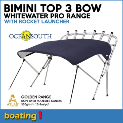 Oceansouth Whitewater Pro Bimini Top with Rocket Launcher 3 Bow 1.9m - 2.1m Blue - image 1 of 4