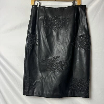 Worthington Black Faux Leather Pencil Skirt, Black Embroidery Floral Appliqué, 8 - Image 1 of 4