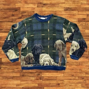 Vintage Sugar Street Weavers Puppy Lab Tapestry Pullover Sweater - Picture 1 of 7