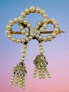 Antique Edwardian 18K Yellow Gold Old Mine Cut Diamond Seed Pearl Brooch Pin - Picture 1 of 7
