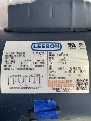 Leeson 110042.00 Electric Motor 1.5 HP 1725 Rpm 1PH 115/230 Volt 56C M6K17FC1L - Image 1 of 4