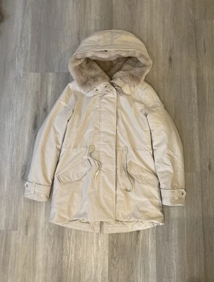 Плащ гудок нейлона Tactel пуховик меха с капюшоном 2 пути молнии Куртка Пальто женщин размер 42 - Изображение 1 из 4