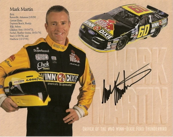 Foto autografiada por Mark Martin 1997 Winn Dixie Racing #60 Ford Thunderbird Foto 1 de 1