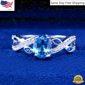 Oval Romantic Cut Aquamarine Women Silver Plated Rings Size 6-10 Simulated glass - Picture 1 of 10