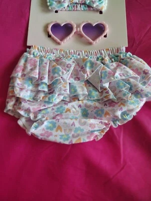 Bebe Baby Botique Flamingo Ruffled Bottoms Sunglass's Headband Set Infant Girl - Image 1 of 3