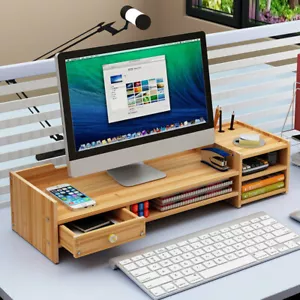 Wood Computer Monitor Stand Desktop Laptop TV Display Screen Rack Shelf Drawer - Picture 1 of 17