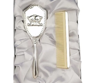 Set 2 Silver Plated Teddy Bear Baby Brush & Comb Gift Baptism Newborn Keepsake - Picture 1 of 2