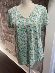 J. Jill Luxe Supima Pleat Back Tee Womens Small Tall Green Blue Floral Cap Slv - Picture 1 of 9