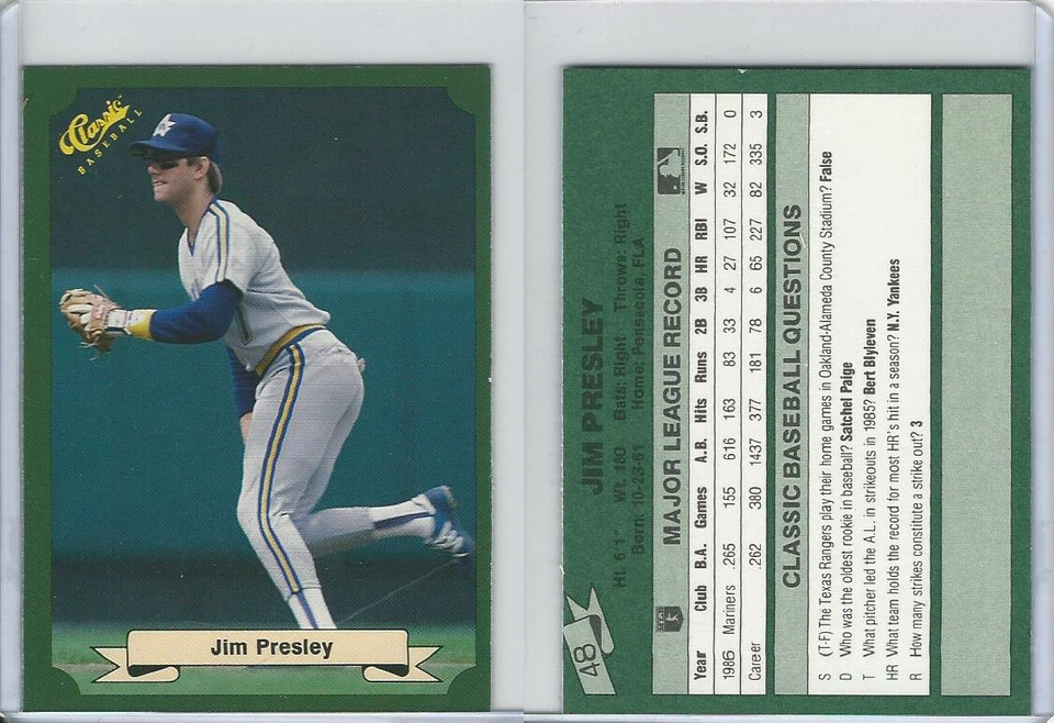 1987 Classic Baseball, #48 Jim Presley, Mariners - Image 1 of 1