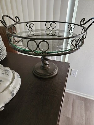Southern Living at Home Jamestown Round Metal Tray Glass Insert Handles Footed - Image 1 of 4