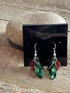 Handmade Chain and Crystal Holly Earrings Holiday Winter Christmas Xmas    - Picture 1 of 6