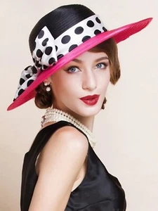 Women Wide Brim Polka Dots Kentucky Hat For Wedding Party Hat Bowknot Fedora Cap - Picture 1 of 8