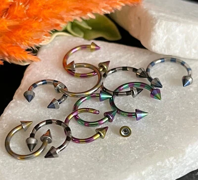 1pc Striped Spiked Steel Circular Barbell Horseshoe Septum, Eyebrow, Nipple Ring - Image 1 of 4
