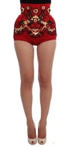 Dolce&Gabbana Women Red Hot Pants Silk Crystals Roses High Waist Zip Mini Shorts - Picture 1 of 10