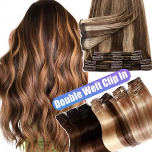 Russian Long Thick Double Weft Clip In Real Human Hair Extensions Full Head 170g - Picture 1 of 57