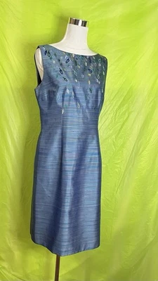 Vestido Kay Unger Talla 12 Bordado Rayas 100% Seda Floral Embellecimiento Funda Foto 1 de 4