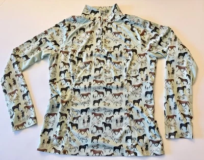 Ariat Shirt Womens Medium Green Baselayer Horse Print Equestrian Sunstopper - Image 1 of 4