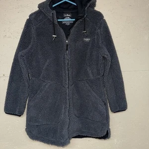 LL BEAN Women's Mountain Pile Fleece Coat Hooded Sherpa Jacket Gray Sz XL Reg - Picture 1 of 11