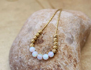 Collar bola de cuentas redondas ópalo blanco, cadena llena de oro 14K, joyería de piedras preciosas - Imagen 1 de 5